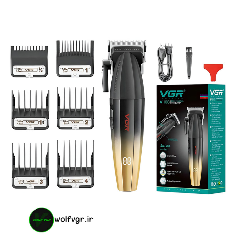 ماشین اصلاح وی جی ار مدل ۰۰۳ رنگ طلایی با اقلام همراه آن