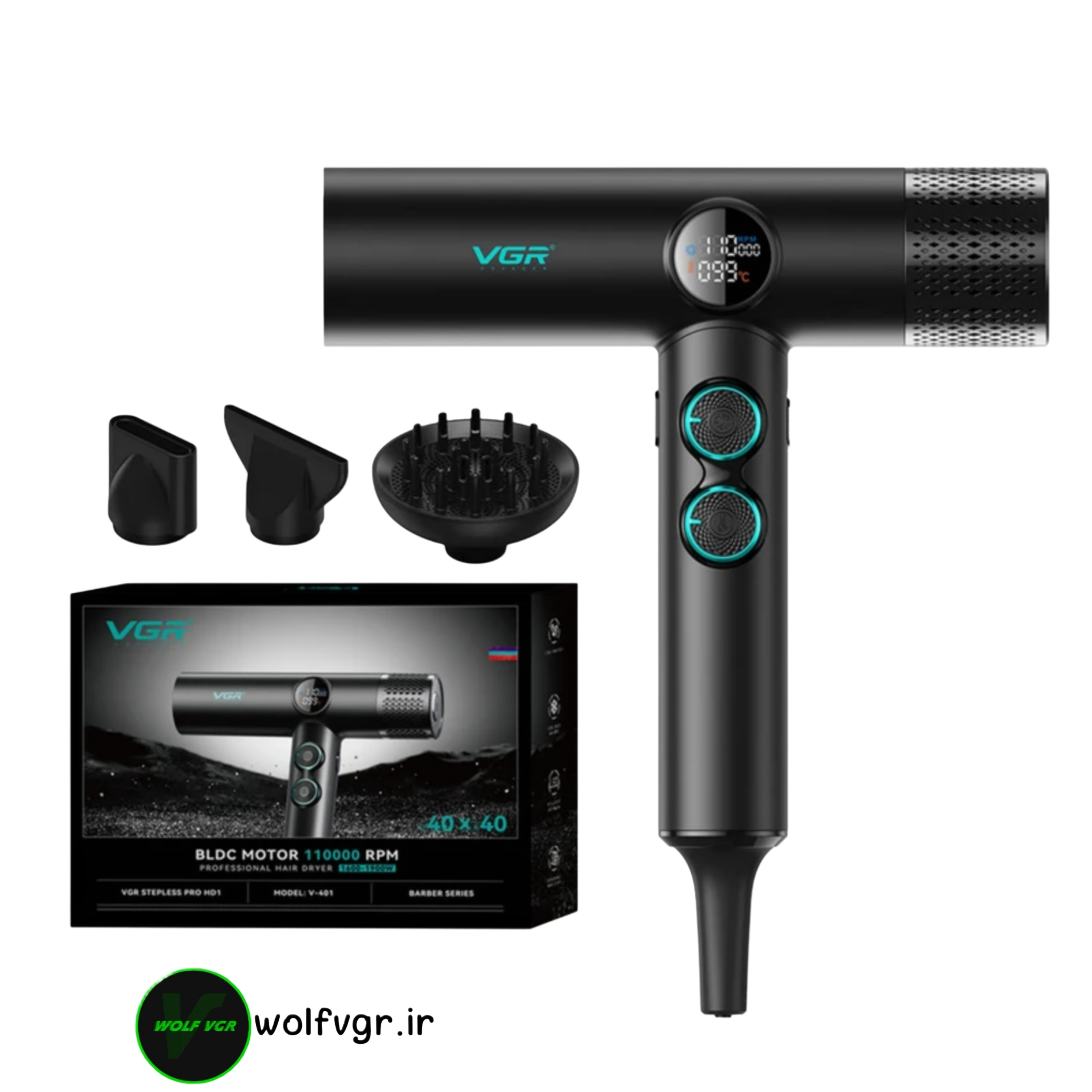 سشوار وی جی آر ۴۰۱ مشکی با متعلقات